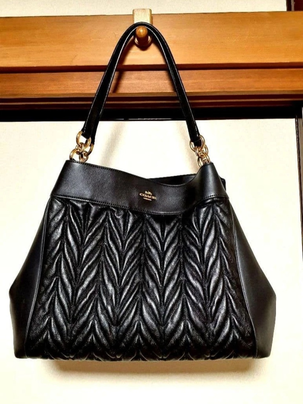 Coach Black Quilted Chevron Leather Shoulder Bag with Gold Hardware